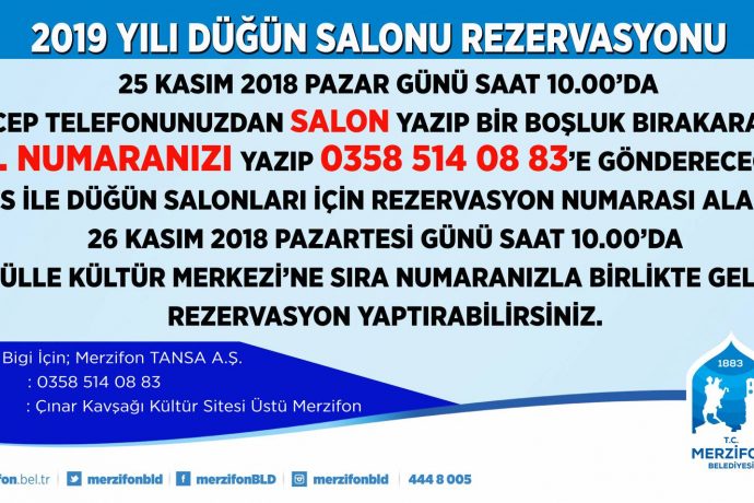 2019 Yılı Düğün Salonu Rezervasyonu
